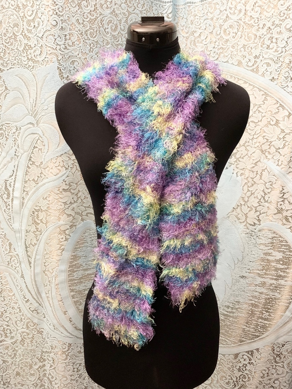 Y2K Eyelash Knit Scarf Fuzzy Pastel Stripes Whimsical 2000's - Picture 2 of 4